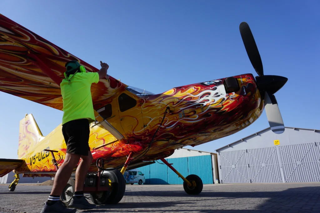 skydiving aircraft being prepared at Ground Rush Adventures Swakopmund