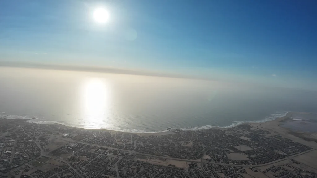 Aerial view over Swakopmund town along the Atlantic coast skydive route