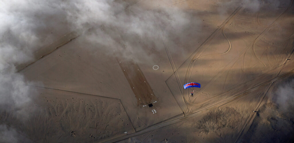 Skydiver approaches runway 35 during a skydiving Namibia canopy descent